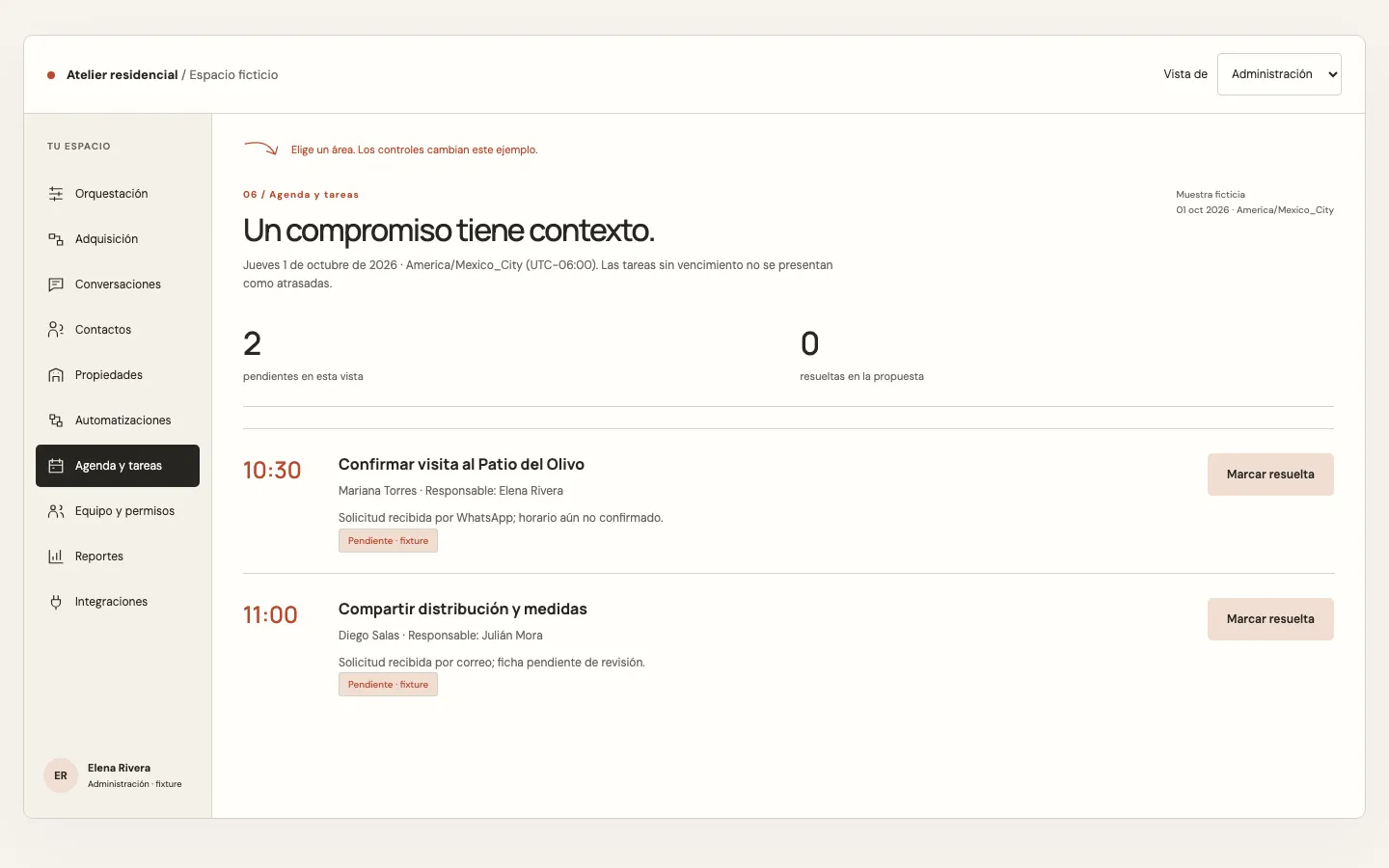 Interfaz real de la propuesta de agenda y tareas, con datos ficticios y controles navegables.