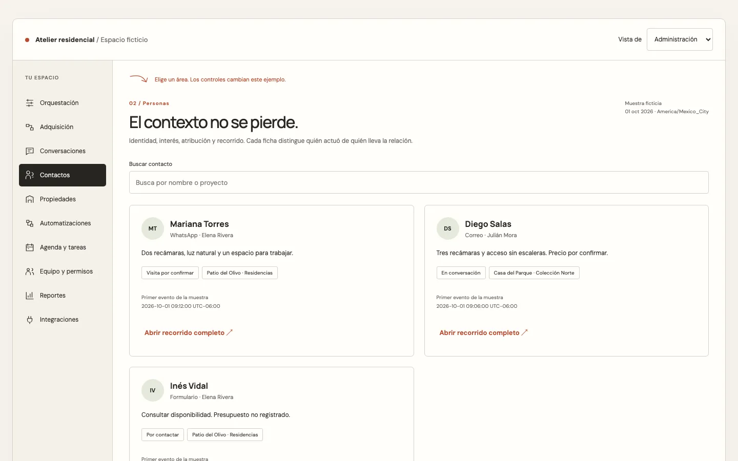 Interfaz real de la propuesta de contactos y propiedades, con datos ficticios y controles navegables.